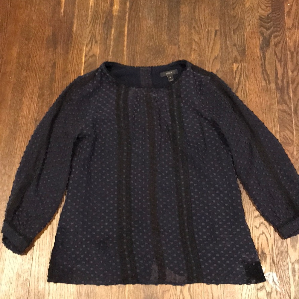 J. Crew Navy Dotted Top with Black Lace Trim
